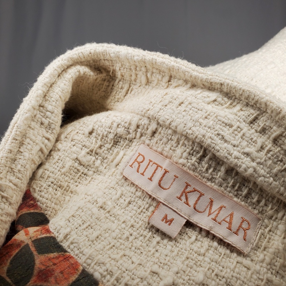 Ritu Kumar Jacket Medium Womens Woven Cream Embroidered Textured Pocket Boho - Picture 3 of 10